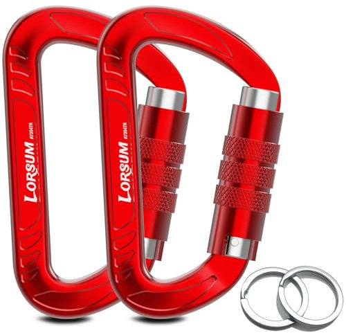 Lorsum Auto Locking Carabiner Clips Heavy Duty, 12KN /1227kg Lightweight (1.0oz), Sturdy Twist Lock Caribeeners for Camping Hiking Hammock Swing Backpack, Dog Leash and Harness etc, 2 Pack Red