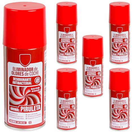 Eliminador de Olores Especial para de Automóvil: Elimina Olores y Humedad, Destruye Hongos y Bacterias, Uso Fácil y Rápido - Aire Fresco y Limpio en Tu Coche 150ml, Olor Piruleta - 6 Unidad