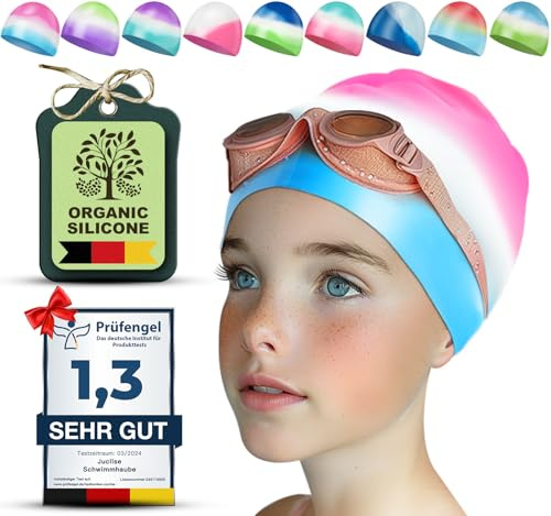 Juclise Swimming Caps for Kids，Girls and Boys, Stretchy Silicone Design, Comfortable Fit for Long and Short Hair (Pink-Blue, Age 9-15)