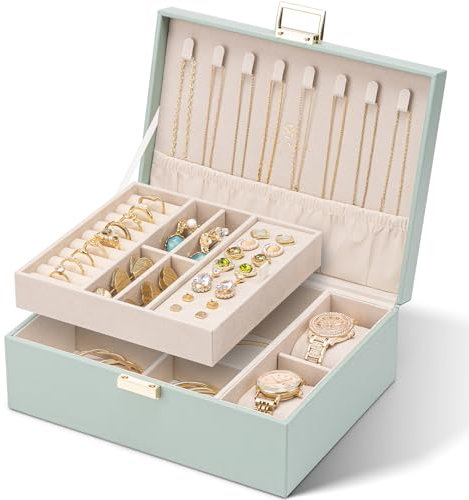Vlando Schmuckkästchen für Damen Mädchen, 2 Ebenen Schmuckaufbewahrung Leder, Schmuckkasten mit 2 Uhrenkissen, Schmuck Organizer, Schmuckschatulle, Geschenkidee, für Uhren, Ringe Ohrringe Halsketten,