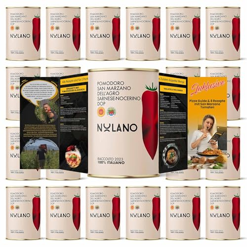 NOLANO San Marzano DOP Dosentomaten 24x400g geschält für Pizza | Vorratspackung mit original San Marzano DOP Tomaten inklusive Rezeptguide für authentische italienische Gerichte.