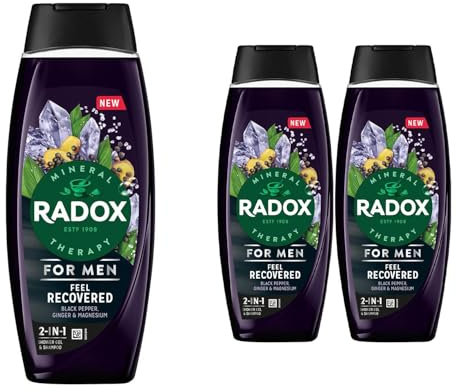 Radox Mineral Therapy 2-in-1 Shower Gel & Shampoo Feel Recovered, Pack of 3, Men's Body Wash Enriched with Magnesium 4 Minerals and 13 Herbs, Black Pepper and Ginger Scent, 450 ml