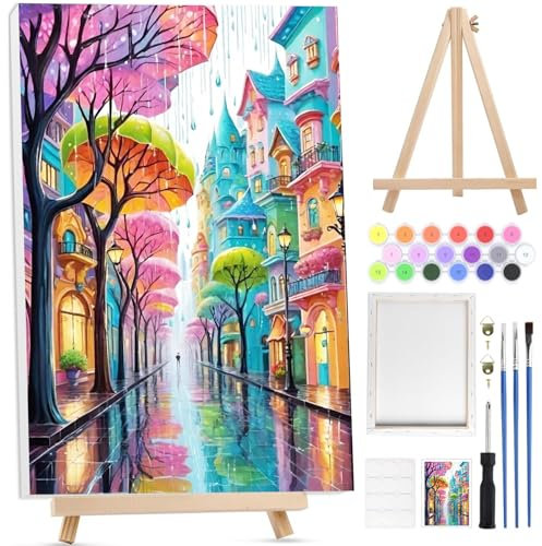 Bowetile Petite Ville Peinture par Numéros pour Adultes Avec Cadre, Kit Peinture par Numéros pour Adultes Débutants Kit Toile avec Chevalet en Bois, DIY Peinture Acrylique pour Décoration 20x30cm