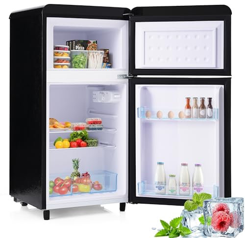 Merax Retro Kühlschrank, Doppeltür, 72L Gesamtvolumen, 21L Gefrierfach, Energieklasse E, 120 kWh/Jahr, LED-Beleuchtung, 3 verstellbare Einlegeböden Schwarz