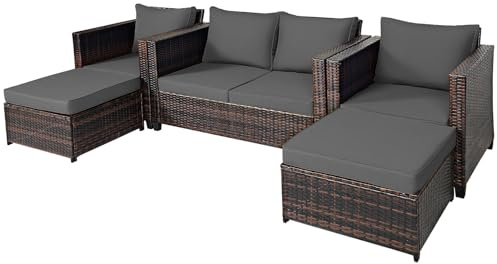 COSTWAY 6-Seater Rattan Garden Furniture Set, Patio Conversation Set with Loveseat, 2 Chairs, 2 Footstools and Thick Cushions, 5-Piece Wicker Weave Outdoor Sofa Seating for Balcony Yard Lawn, Grey