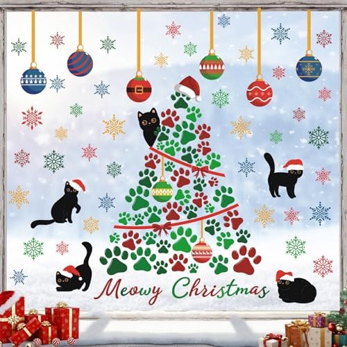 TOARTI Schwarze Katze Fenster Aufkleber Doppelseitig Weihnachtsbaum Wandaufkleber Glocke Fensteraufkleber,Weihnachtsschmuck Mistelzweig Schaufenster Glas Tür Party Weihnachtsdeko