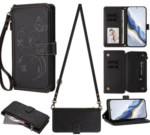 Rnrieyta Crossbody Handykette Reißverschluss Hülle für Samsung Galaxy A70,Schmetterling Blume 6 Kreditkarteninhaber Brieftasche Geldbörse Schultergurt Handyhülle