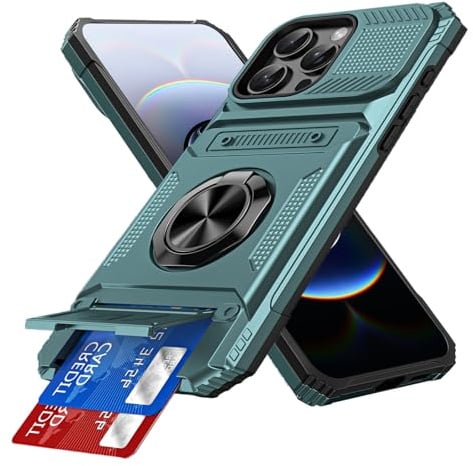 IMEIKONST Card Holder for iPhone 13 Pro Max Case with Stand Green TCKB | Military Grade Drop Protection, Magnetic Ring Kickstand, Anti-Slip Shockproof Cover, Heavy Duty Rugged PC Back