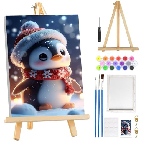 MOGTAA Noël Peinture Numero Enfant Adulte avec Cadre, Pingouin Peinture par Numero Adulte avec Chevalet, DIY Numéro d'Art Kits, Loisirs Créatifs Adultes, pour décoration, 20x30cm