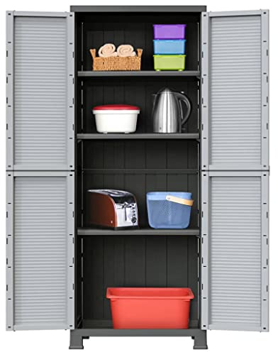 WRJENFSC Armoire de rangement grise 68 x 39 x 171,5 cm en plastique avec 4 étagères et 2 portes verrouillables pour maison, bureau, garage