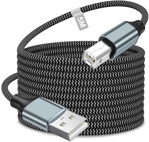 USB Printer Cable 5M, Extra Long USB A 2.0 to Type B Printer Cable Wire | Nylon Braided High Speed printer Lead Scanner Cord Compatible with HP/Canon/Epson/Dell/Brother/Lexmark/Ricoh/Xerox/Samsung
