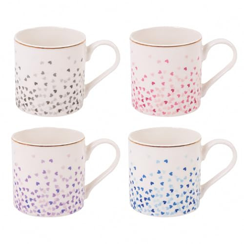 Set of 4 Heart Design New Bone China Mugs, Gold Rim Tea and Coffee Cups, Assorted Colour Hot Drink Mug Set for Home, Office, Dinner Parties and Gift Giving, 350ml