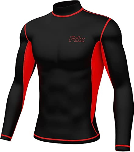 FDX Men's Super Thermal Compression Armour Base Layer Long Sleeve Cold Wear Top (Red-S)