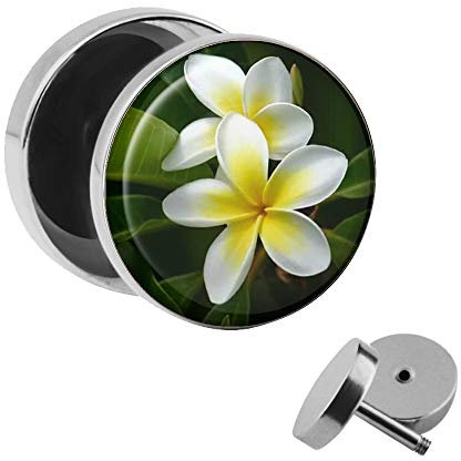 Treuheld | Ohrstecker zum Schrauben - exotische Blüten - gelb-weiß - Ø 10mm Silber - Motiv Fake-Plug Edel-Stahl Ohr-Ringe - Chirurgen-Stahl 316L Fake-Tunnel - Gewinde Ohr-Stecker - Blumen - Blümchen