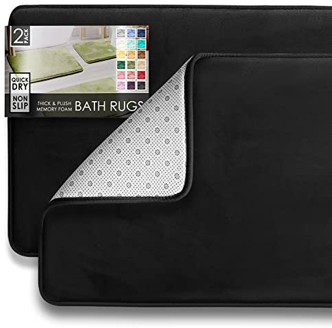 Clara Clark 2 Piece Bathroom Rugs Bath Mat Set, Velvet Memory Foam Bath Mats for Bathroom - Non-Slip, PVC Backing Bath Rugs, Washable Bathroom Rug Mats - Dries Quickly, Bathroom Rug Set - Black