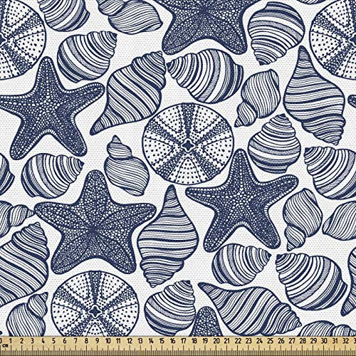 ABAKUHAUS Blau und weiß Gewebe als Meterware, Seestern Muscheln, Dicht Gewebter Stoff zum Nähen Polster Wohnaccessoires, 3M (148x300cm), Dunkelblau und Weiß