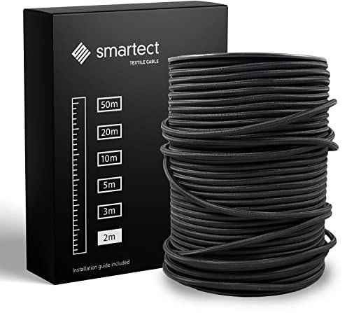 smartect Cable Electrique Textile Noir, Fil Electrique Tissu de 2 Mètres, 3 Conducteurs (3 x 0,75mm²) Cable Tissu Lampe pour Les Projets de Bricolage