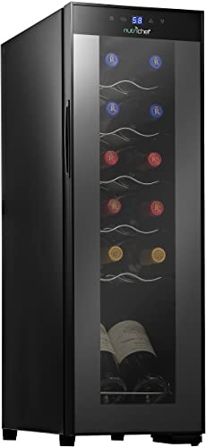 NutriChef PKCWC120 Bianco e Rosso - Mini Frigo per Vino Compatto, Indipendente, con Capacità di 12 Bottiglie, Controllo Digitale e Porta in Vetro, Colore Nero