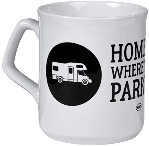 HOME IS WHERE YOU PARK IT | Hochwertige Kaffeetasse mit Alkoven Wohnmobil-Design für Camping und Büro | spülmaschinenfest aus Keramik | von MUGSY.de