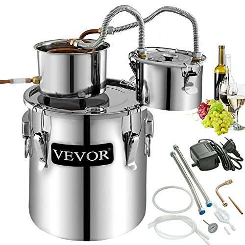 VEVOR Alambicco Distillatore 3Gal / 11,4L Alambicco per Grappa in Acciaio Inox e Rame Rosso Distillatore Acqua con Due Fusti Alambicco Oli Essenziali Kit per Produzione di Vino Whisky Brandy Vodka