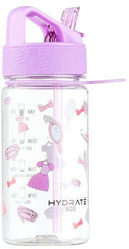 HYDRATE Kids Water Bottles with Straw 400ml - BPA-Free Plastic - Wide Mouth for Easy Refill - Non Leak Water Bottle Kids - Refillable Chilrens Water Bottle - Dress Up Theme Design - 8Lx19Hx8W cm