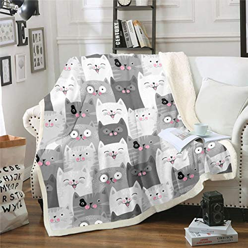 Coperte e copriletti per bambini, ragazzi e ragazze, con stampa di gatti in stile cartone animato, con grazioso motivo animale, in morbida microfibra, per sedia, ufficio, camera, Sherpa, per letto