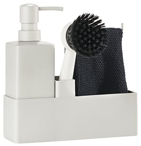 Zone Denmark Geschirrspülset, Spülorganizer mit Seifenspender/Spülmittelspender, Spültuch und Spülbürste, 19 x 6 x 20,5 cm, Set mit 4 Teilen, Warm Grey