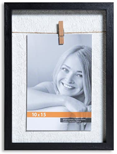 VictoR Bilderrahmen Collage Clip Rahmen in schwarz für 1 Bild in 10x15 cm - Rahmen aus Holz mit extra Klammern zum anheften von Fotos