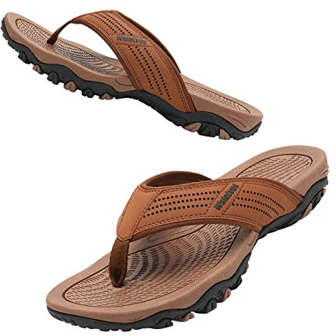 WateLves Herren Flip Flops Zehentrenner Leder mit Arch Support Sandalen Weich Leder Stoff Badelatschen Sommer Beach Rutschfest Hausschuhe Pantoletten(dunkelbraun,45 EU)