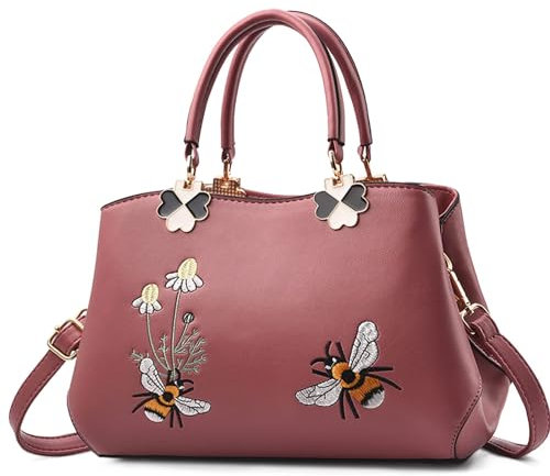 VARLIVOO Elegant Damen Handtaschen Stickerei Schultertaschen Frauen Umhängetasche Taschen Reisen Shopper Taschen Damen Taschen Crossbody Bag Arbeit Reisen PU Leder Rosa B