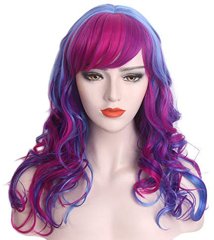 REEWES Lange Blaue und Rote Lockige Perücken für Frauen Hitzebeständiges Haar Natürliche Perücken mit Pony für Tägliche Cosplay Kostüm Party Karneval