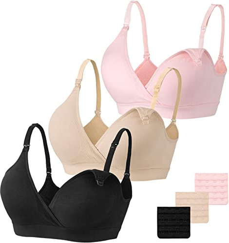 Vinfact Set da 3 Reggiseni Allattamento Senza Cuciture Reggiseno Premaman Cotone Morbido con Imbottito Reggiseno Gravidanza Senza Ferretto, Design con Scollo a V-XL-Nero, Fleshcolor, Rosa