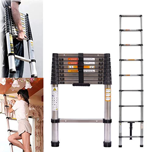 2.6M Telescoping Ladder Steel Collapsible Extension Telescopic Ladder with Lock Mechanism Heavy Duty 330lbs Max Capacity for RV Loft Attic Home Household