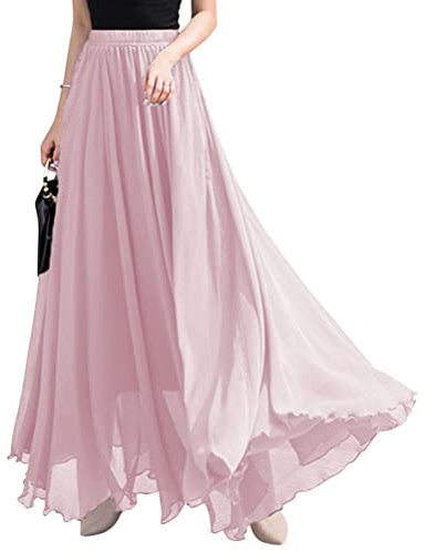 ORANDESIGNE Jupe Femme Longue Plissée en Mousseline de Soie Chic et Elegant Trapèze Taille Haute Tulle Jupe Fluide Taille Élastique Décontracté Maxi Jupe Soirée Skirt Rose Clair XS