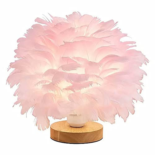 Lampe de table en plumes roses Lampe de chevet avec socle en bois Lampe de table en plumes Abat-jour de bureau pour lampe de chambre à coucher, lampe décorative, salon