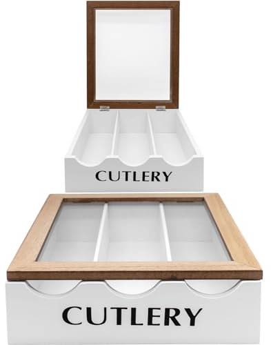 Maison Des Cadeaux White Wooden 3 Compartment Cutlery Holder Utensil Organiser Storage Box with Window Lid (US410)