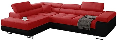MINIO go for it - Ecksofa Manila I Sofa mit Schlaffunktion I 272x88x203 cm (Linke Ecke) I Verstellbare Kopfstützen I Schlafsofa mit Bettzeugkästen I Hochwertige Stoffe I Rot und Schwarz