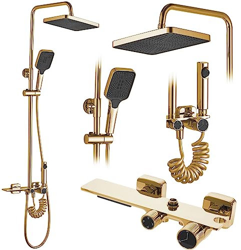 Rea Duschsystem HELIX Gold Duschset Duscharmatur mit Duschkopf und Kopfbrause aus Messing Duschgarnitur für Badezimmer (Gold)