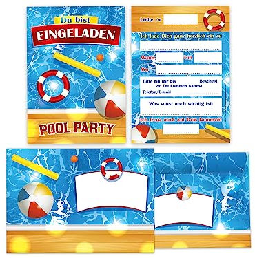 Limonia 6 Einladungskarten incl. 6 Umschläge zum Kindergeburtstag Pool-Party Einladung Geburtstag Karten Mädchen Junge Schwimmbad Pool Bad Holz Ball