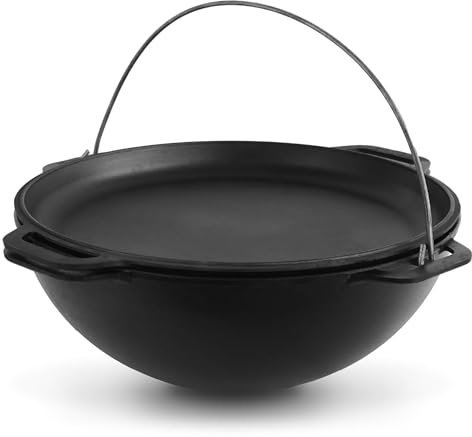 Camping Dutch Oven Pot with Lid Brizoll 10.5 Quarts (10 L) - Cast Iron Cookware Set - Kazan for Plov - Uzbek Kazan Cast Iron - Premium Camping Cookware - Asian Cauldron - Dutch Oven With Frying Pan
