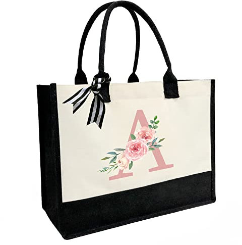sundee Personalized Initial Canvas Beach Bag, Canvas Tote Bag with Inner Zipper Pocket, Double Shoulder Straps Monogrammed Jute Bag for Daily Work Travel - Pink Letter A