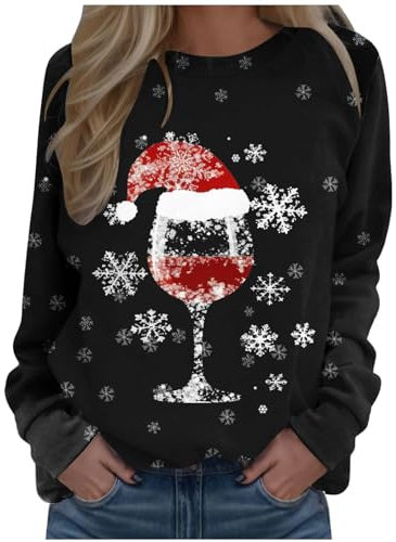 Weihnachtspullover Damen Sweatshirt Rundhals Langarm Weinglas Weihnachtsmann Druck Langarmshirt Teenager Mädchen Christmas Sweatshirt Weihnachtspulli Oberteile Tops Pullover ShirtHappy New Year 2024