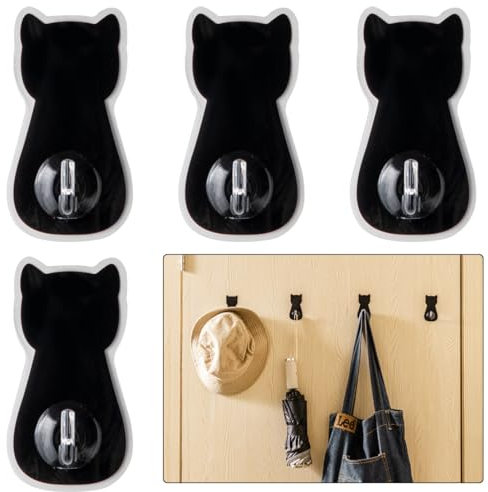 DeryArcle 4 Pièces Crochet Mural Chat, Crochets de Clé Mignon Noir Crochet Adhésif Porte-Serviettes Cat Adhesive Hook pour Cuisine Salon Salle De Bain Bureau Chambre à Coucher (Type B)