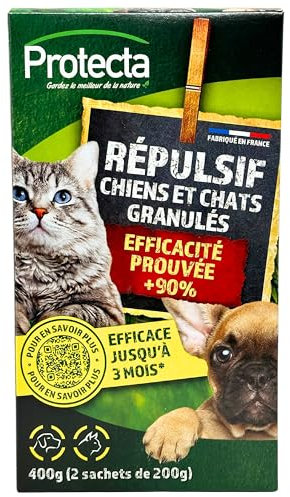 Protecta® - Granulés Répulsifs Chiens & Chats 400g – Anti-Griffures & Marquages Urinaires – Efficacité Prouvée 90% – Protection Jusqu’à 3 Mois – Tous Types de Surfaces – Usage Extérieur