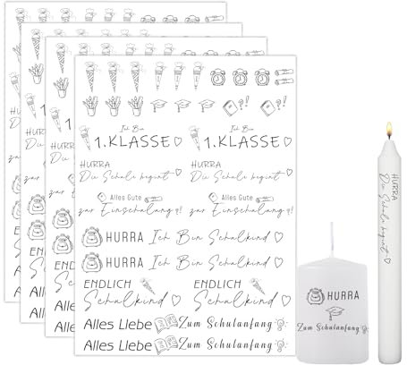 Bolosa® 4 PCS Kerzentattoos,Kerzentattoos Einschulung,Wasserschiebefolie, Schuleinführung Schulanfang Deko,Kerzensticker,Einschulung Schuleinführung Kerzen Dekorieren (Einschulung15)