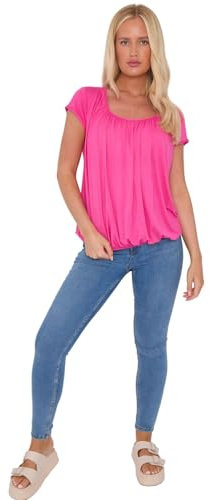 Women’s Plain Gypsy Scoop Neck Elastic Waist Top Cap Sleeve Vest Ladies Loose Fit Top Gathered Pleated Blouse Shirts Elasticated Stretch Summer Fuchsia 12-14