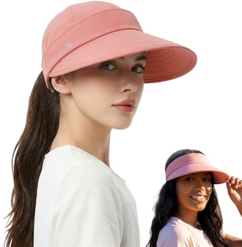 HIQIU Sonnenhut Damen Sonnenschutz Breite Krempe Visor Cap, Top Abnehmbar Kappe mit Reißverschluss Sommerhut Sonnenmütze für Golf Reisen (DE/NL/SE/PL, Alphanumerisch, Einheitsgröße, M, Haut rosa)