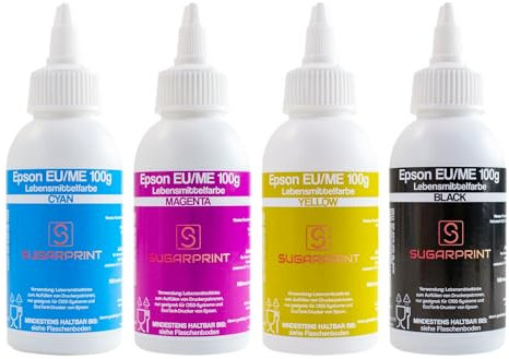 Lebensmitteltinte 100ml für Epson Drucker – Hochwertige Lebensmittelfarbe CYMK, ideal für hochwertige Lebensmitteldrucke (CMYK Set)