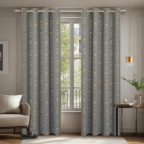 Deconovo Verdunkelungsvorhänge mit Ösen Blickdichte Gardinen Wohnzimmer Moderne Fenstervorhänge Kälteschutz Thermogardine mit Linienmuster, 180x140 cm(HöhexBreite), Hellgrau, 2er Set