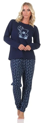 Normann Niedlicher Damen Pyjama Schlafanzug Langarm mit süßem Teddy-Motiv und Punkten
